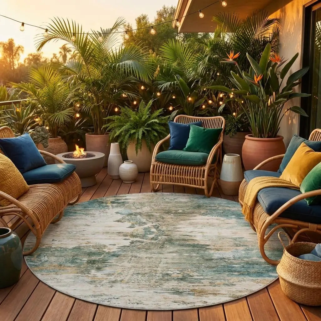 8' Teal Blue And Beige Round Abstract Washable Indoor Outdoor Area Rug Homeroots Outdoor