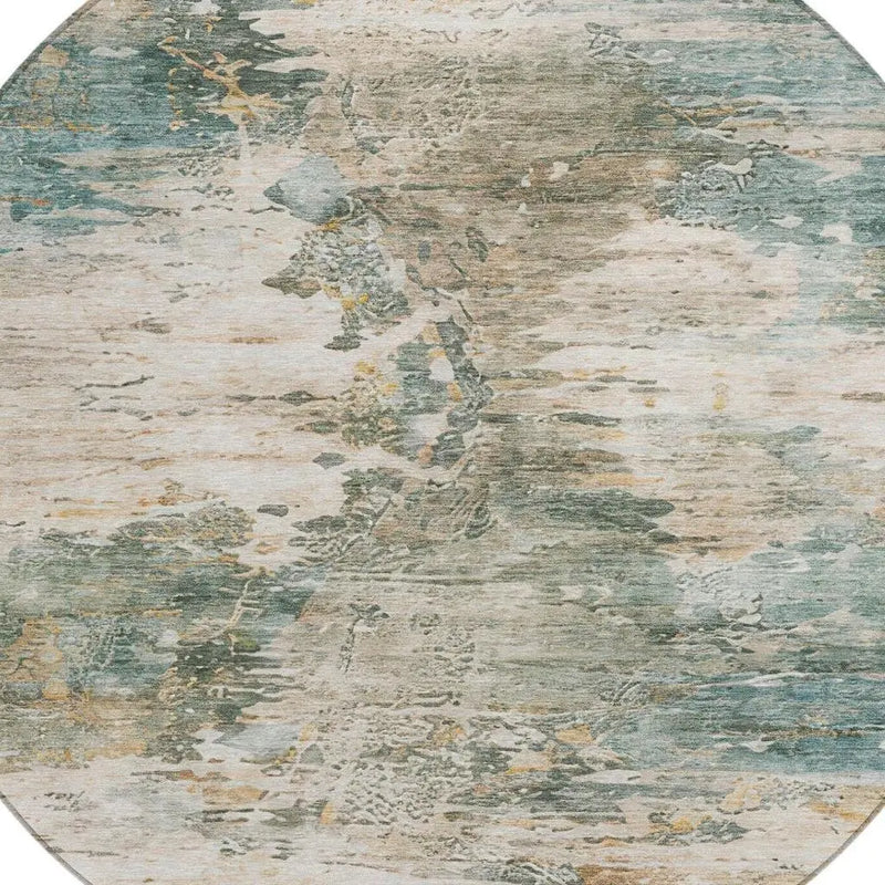 8' Teal Blue And Beige Round Abstract Washable Indoor Outdoor Area Rug Homeroots Outdoor