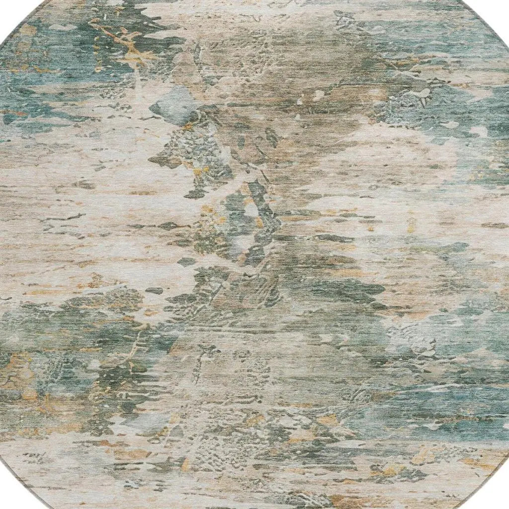 8' Teal Blue And Beige Round Abstract Washable Indoor Outdoor Area Rug Homeroots Outdoor