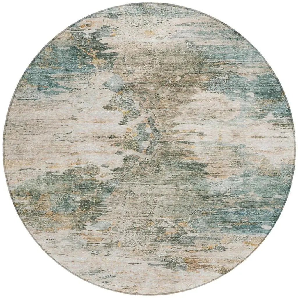 8' Teal Blue And Beige Round Abstract Washable Indoor Outdoor Area Rug Homeroots Outdoor