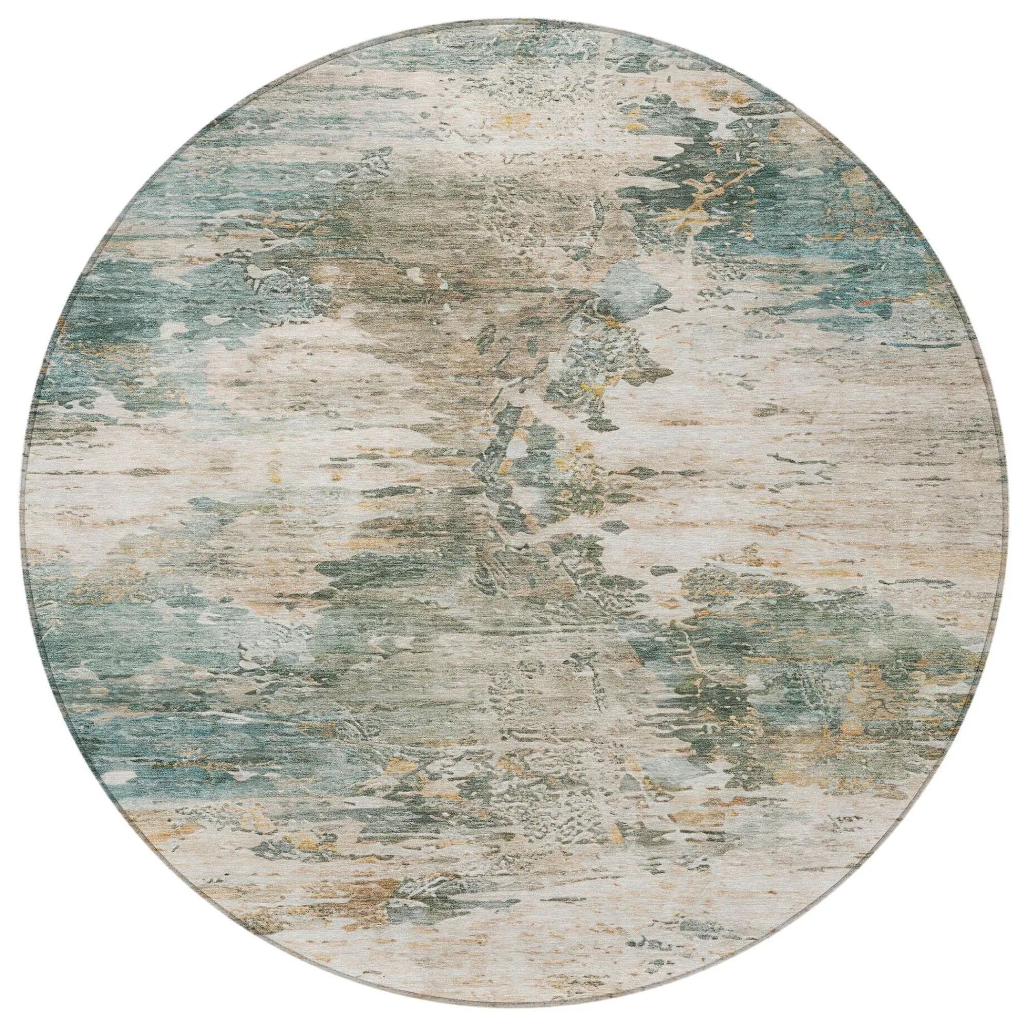 8' Teal Blue And Beige Round Abstract Washable Indoor Outdoor Area Rug Homeroots Outdoor