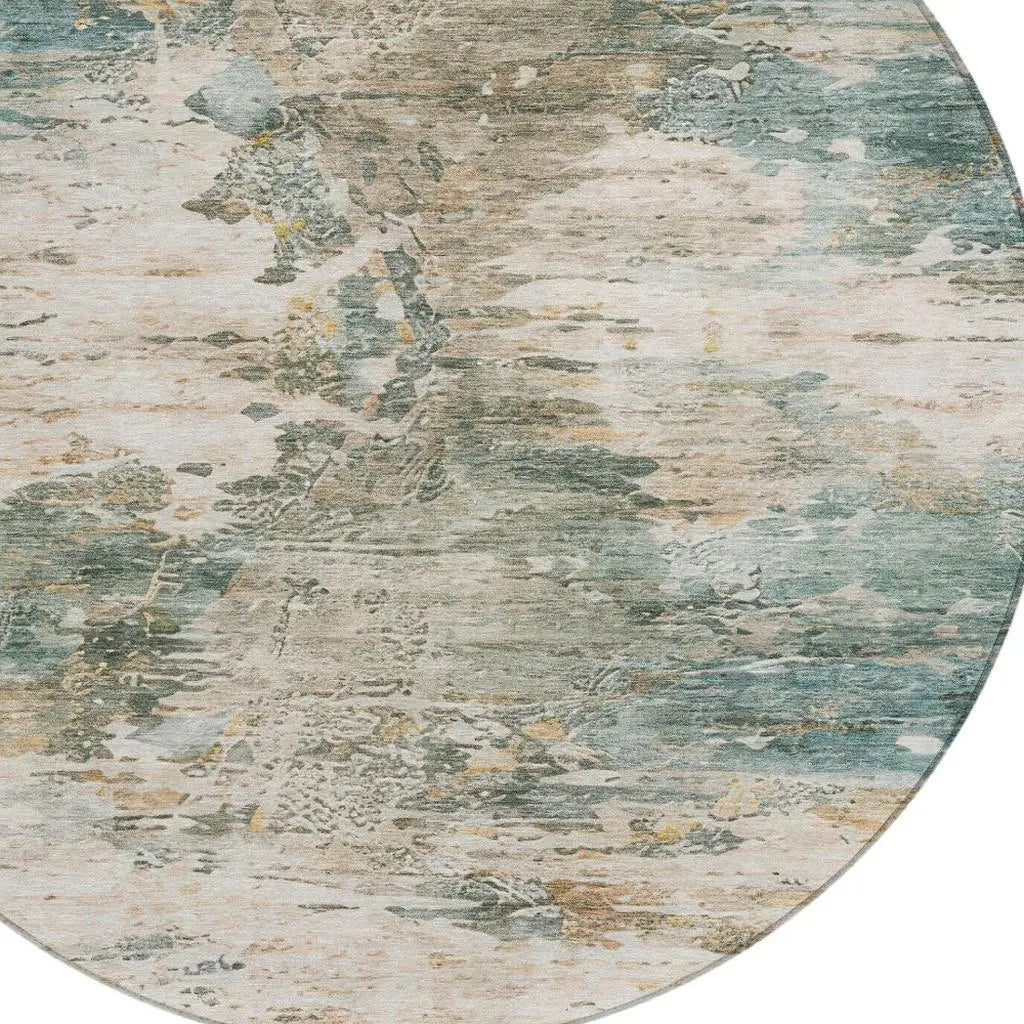 8' Teal Blue And Beige Round Abstract Washable Indoor Outdoor Area Rug Homeroots Outdoor