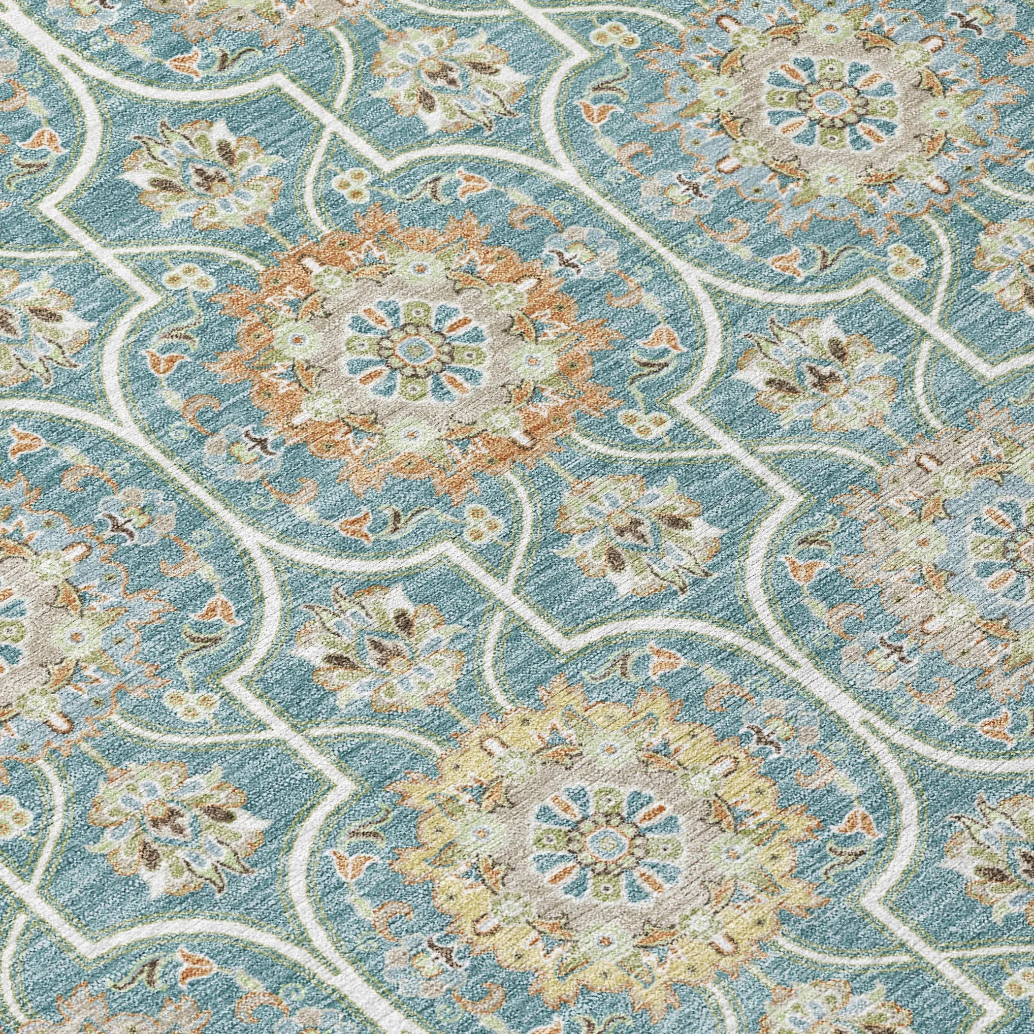 8' Teal Blue And Beige Round Floral Medallion Washable Indoor Outdoor Area Rug Homeroots Outdoor