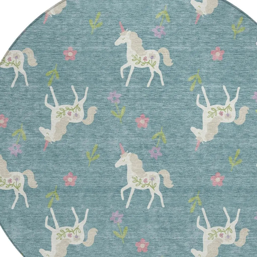 8' Teal Blue And Beige Round Floral Washable Indoor Outdoor Area Rug Homeroots Outdoor