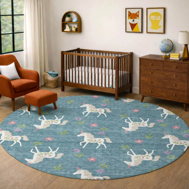 8' Teal Blue And Beige Round Floral Washable Indoor Outdoor Area Rug Homeroots Outdoor