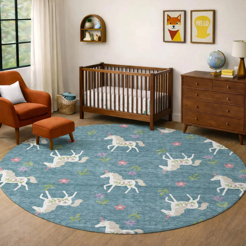 8' Teal Blue And Beige Round Floral Washable Indoor Outdoor Area Rug Homeroots Outdoor