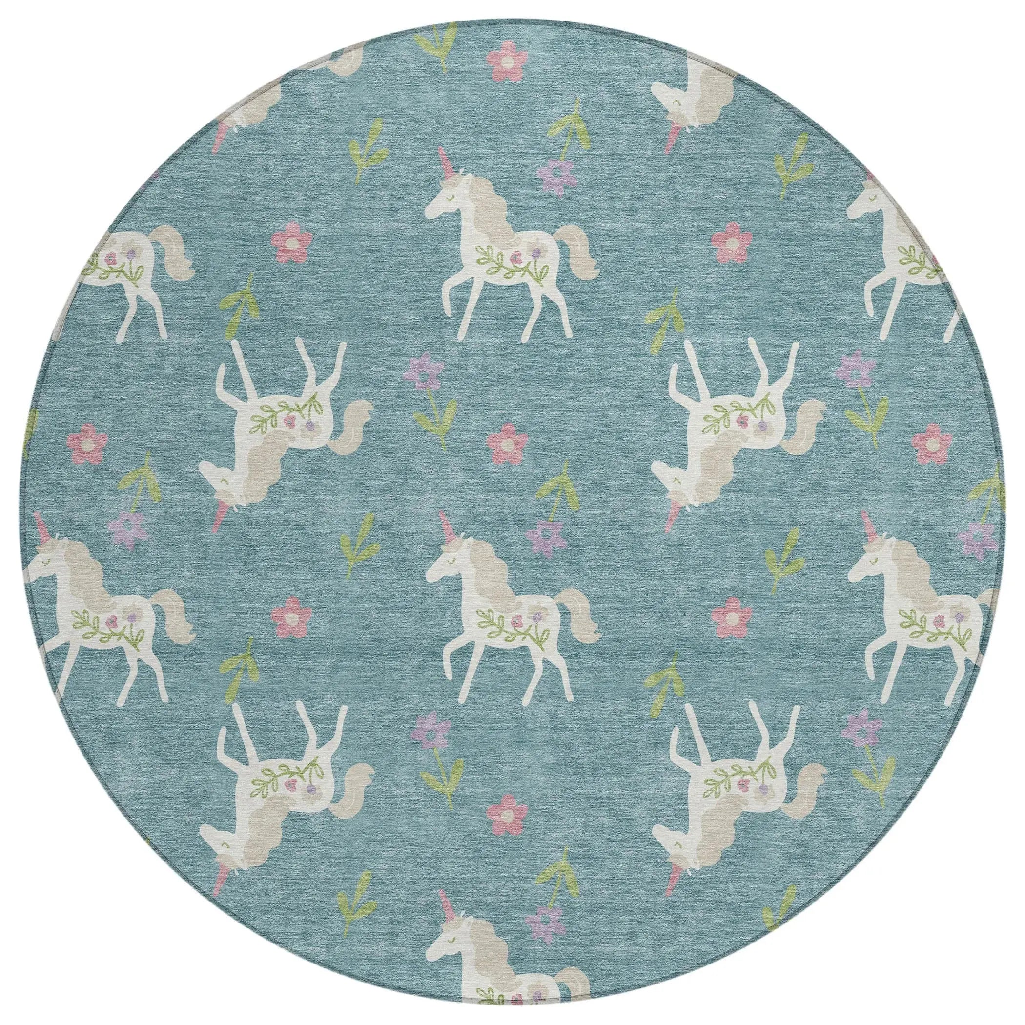 8' Teal Blue And Beige Round Floral Washable Indoor Outdoor Area Rug Homeroots Outdoor