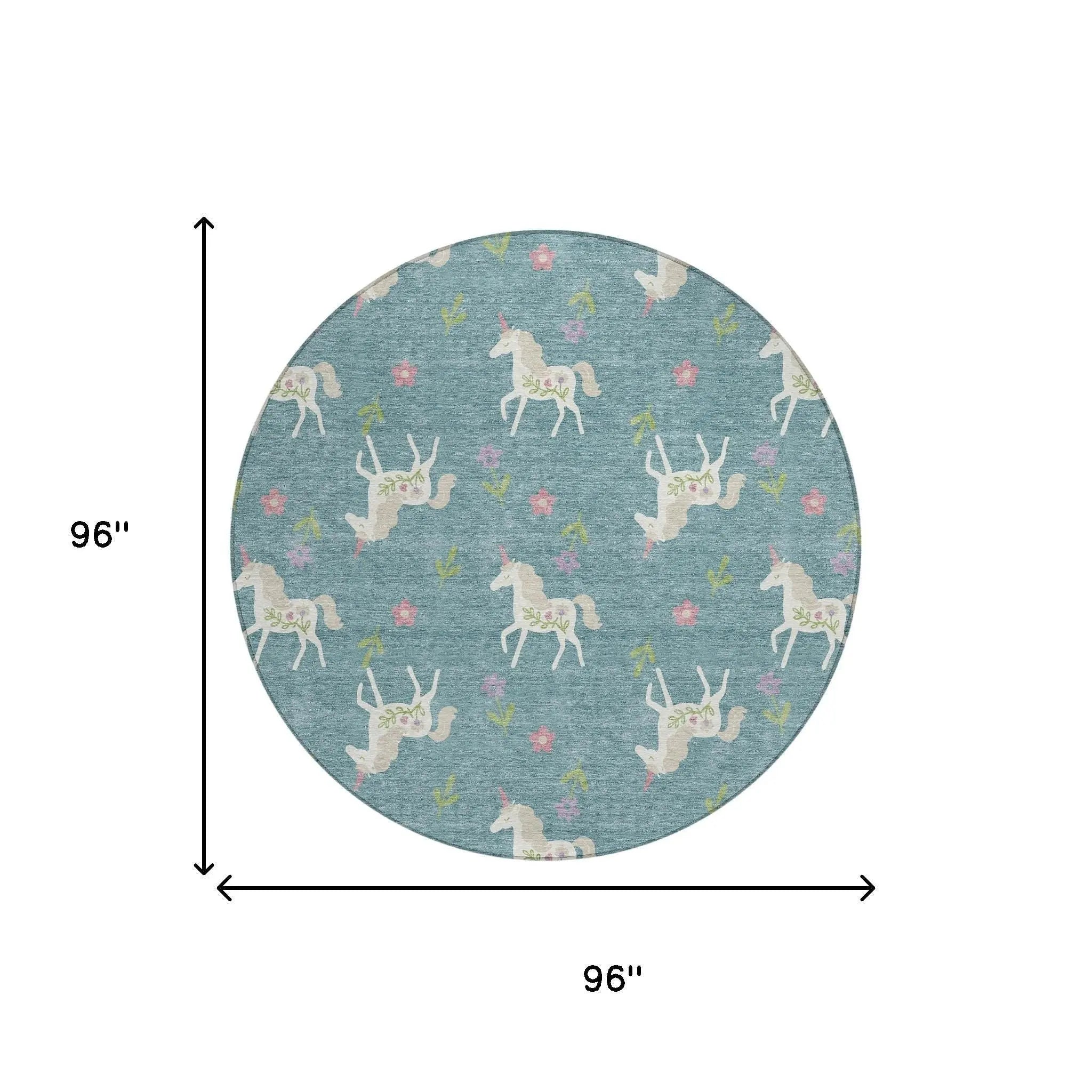 8' Teal Blue And Beige Round Floral Washable Indoor Outdoor Area Rug Homeroots Outdoor