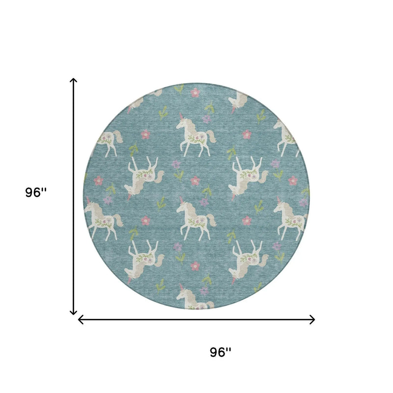 8' Teal Blue And Beige Round Floral Washable Indoor Outdoor Area Rug Homeroots Outdoor
