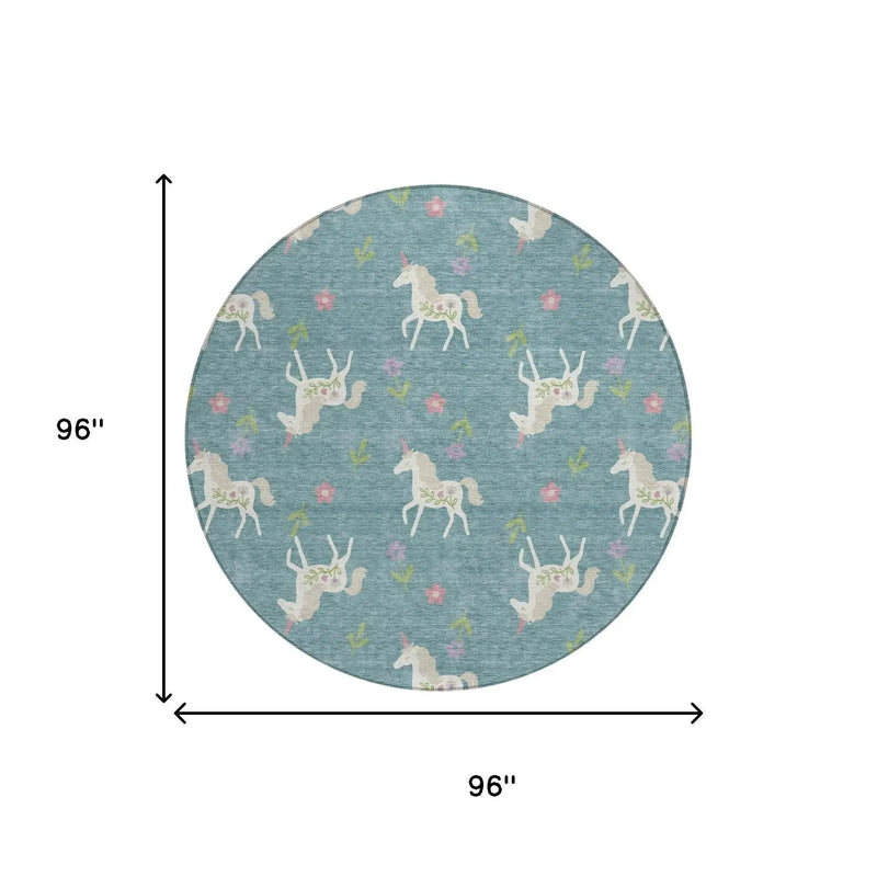 8' Teal Blue And Beige Round Floral Washable Indoor Outdoor Area Rug Homeroots Outdoor