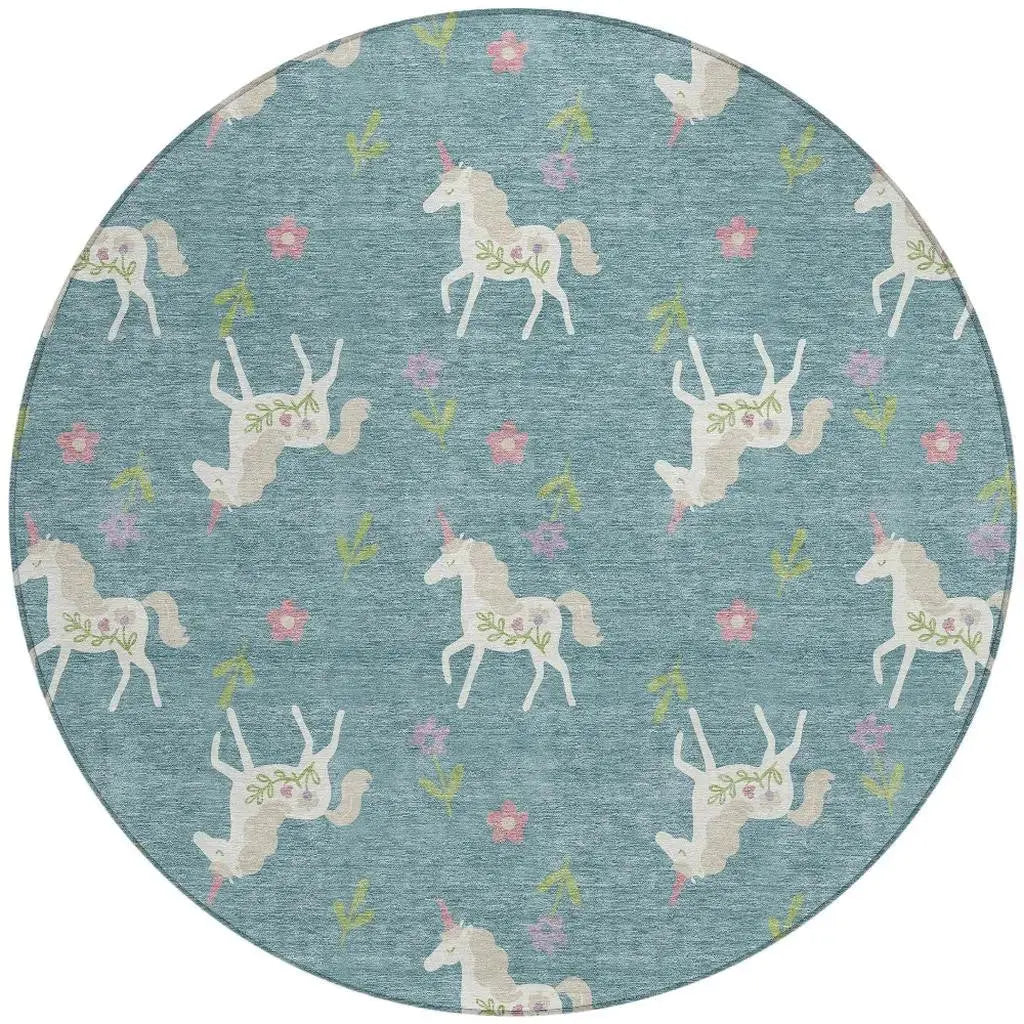 8' Teal Blue And Beige Round Floral Washable Indoor Outdoor Area Rug Homeroots Outdoor