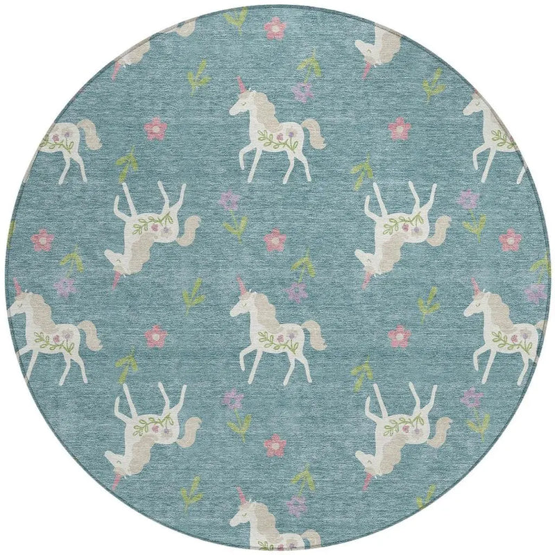 8' Teal Blue And Beige Round Floral Washable Indoor Outdoor Area Rug Homeroots Outdoor