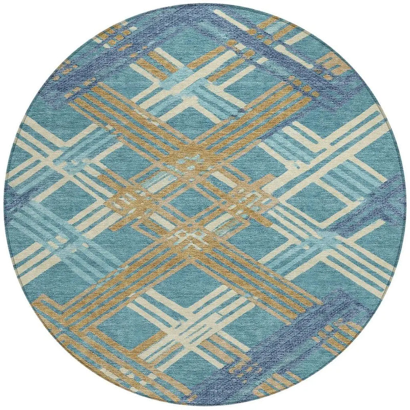 8' Teal Blue And Beige Round Geometric Washable Indoor Outdoor Area Rug Homeroots Outdoor