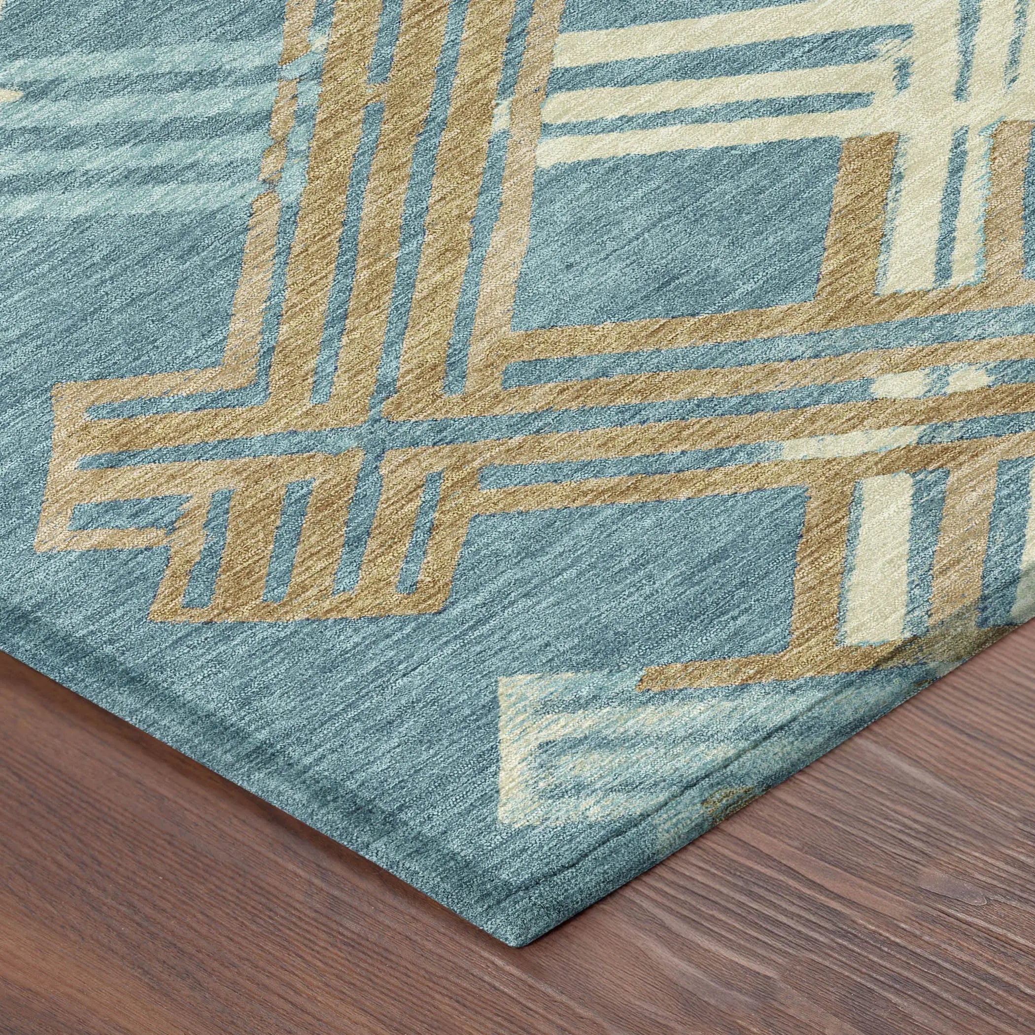 8' Teal Blue And Beige Round Geometric Washable Indoor Outdoor Area Rug Homeroots Outdoor