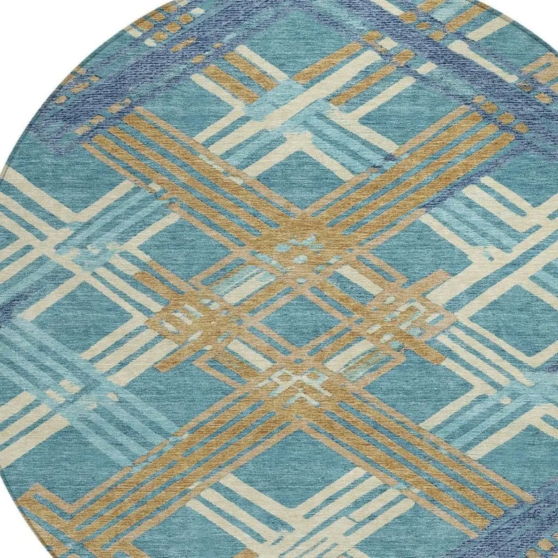 8' Teal Blue And Beige Round Geometric Washable Indoor Outdoor Area Rug Homeroots Outdoor
