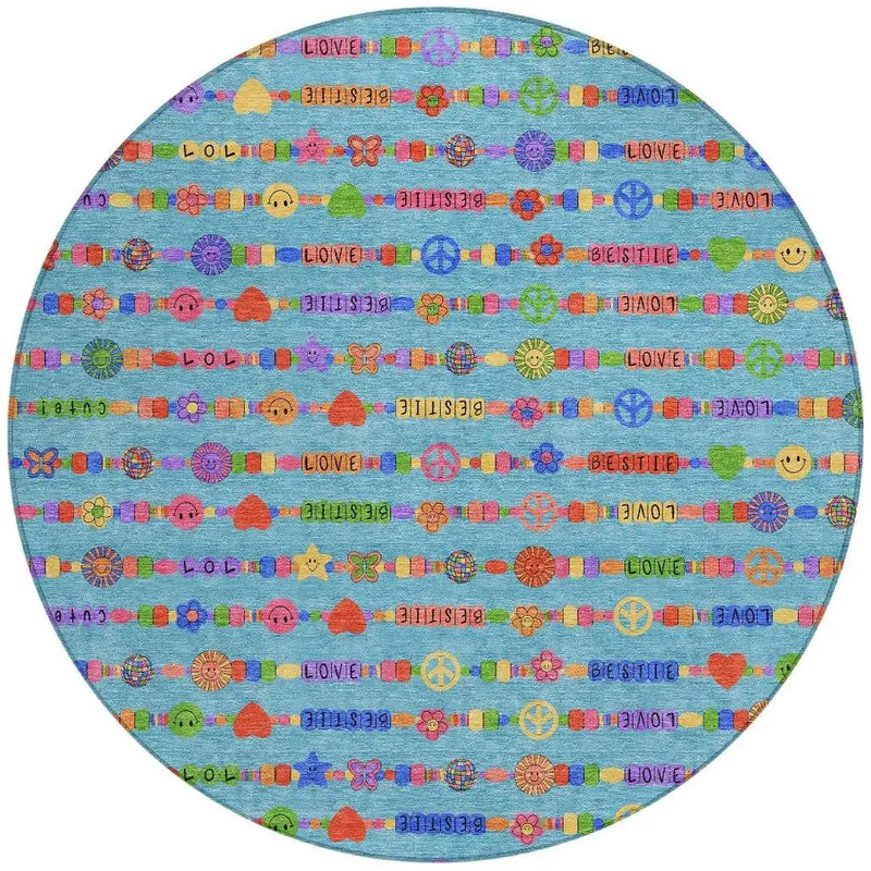 8' Teal Blue And Beige Round Geometric Washable Indoor Outdoor Area Rug Homeroots Outdoor