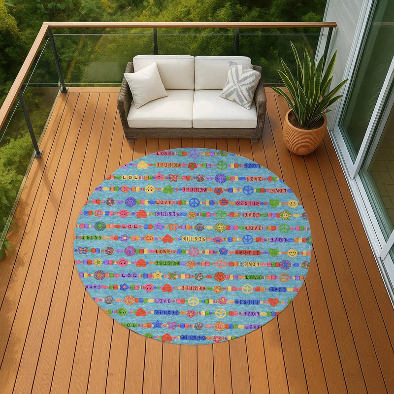 8' Teal Blue And Beige Round Geometric Washable Indoor Outdoor Area Rug Homeroots Outdoor