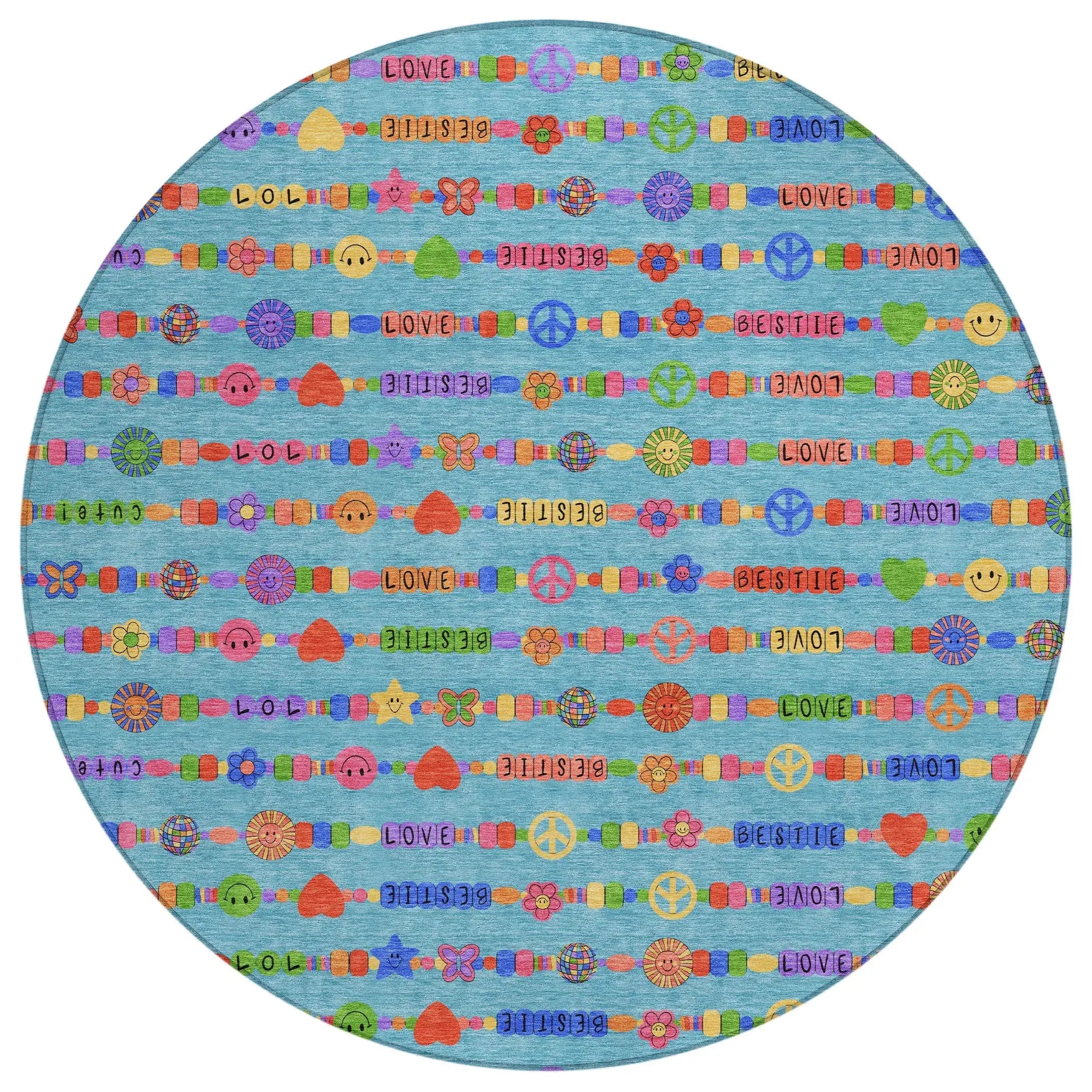 8' Teal Blue And Beige Round Geometric Washable Indoor Outdoor Area Rug Homeroots Outdoor