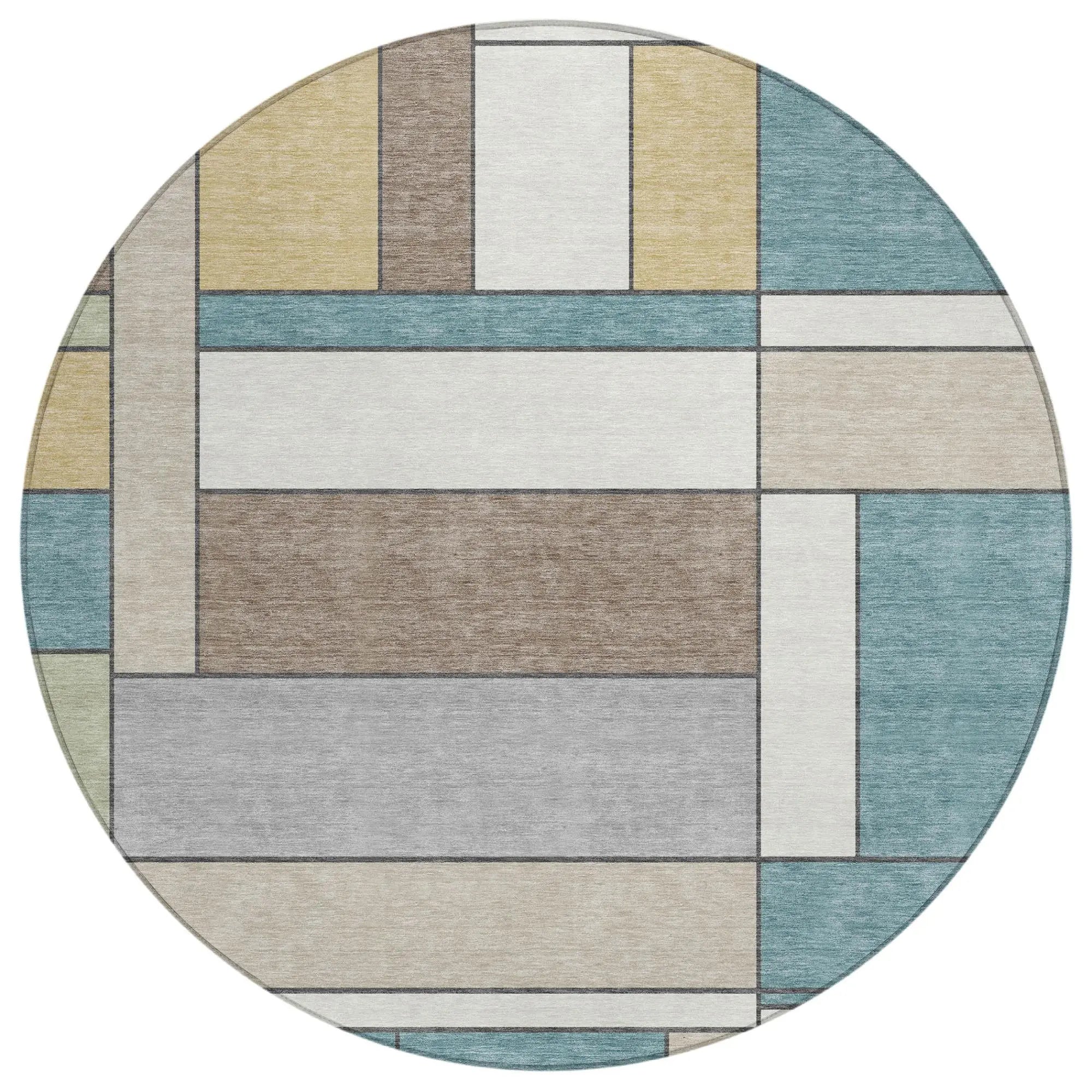 8' Teal Blue And Beige Round Geometric Washable Indoor Outdoor Area Rug Homeroots Outdoor