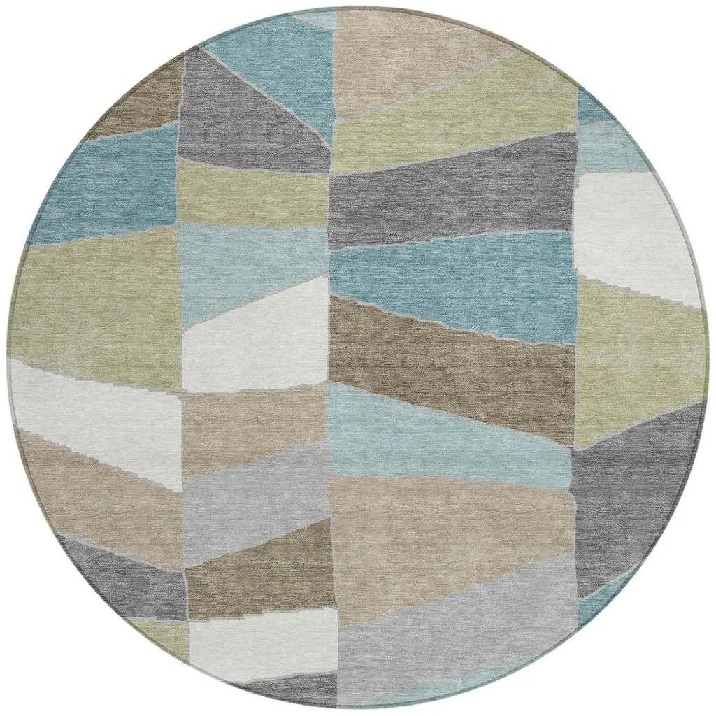 8' Teal Blue And Beige Round Geometric Washable Indoor Outdoor Area Rug Homeroots Outdoor