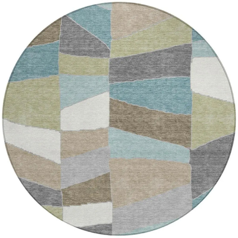 8' Teal Blue And Beige Round Geometric Washable Indoor Outdoor Area Rug Homeroots Outdoor