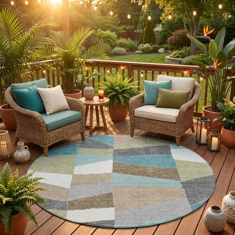 8' Teal Blue And Beige Round Geometric Washable Indoor Outdoor Area Rug Homeroots Outdoor