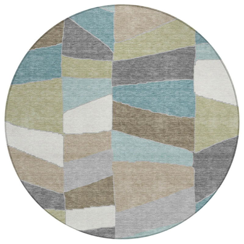 8' Teal Blue And Beige Round Geometric Washable Indoor Outdoor Area Rug Homeroots Outdoor