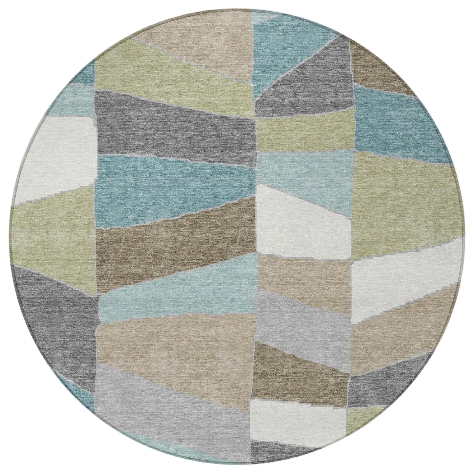 8' Teal Blue And Beige Round Geometric Washable Indoor Outdoor Area Rug Homeroots Outdoor