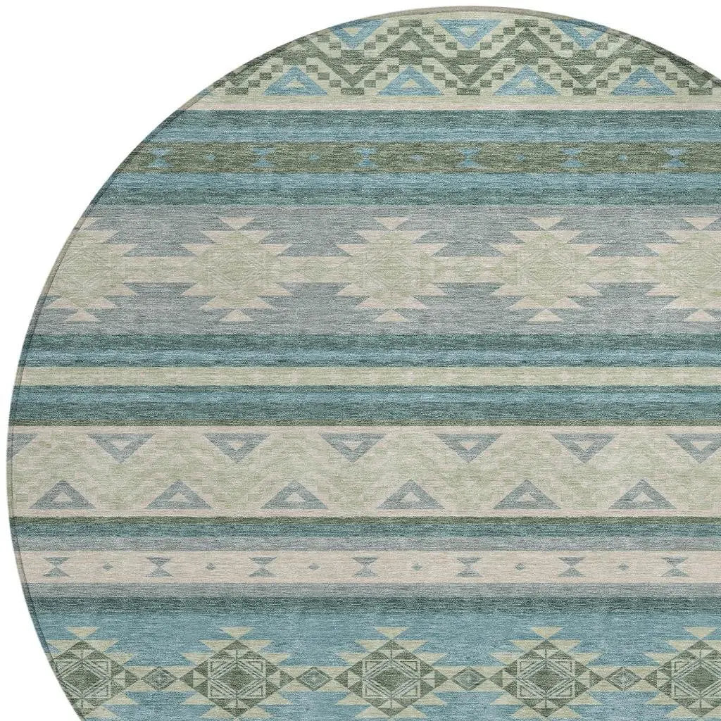 8' Teal Blue And Beige Round Southwestern Washable Indoor Outdoor Area Rug Homeroots Outdoor