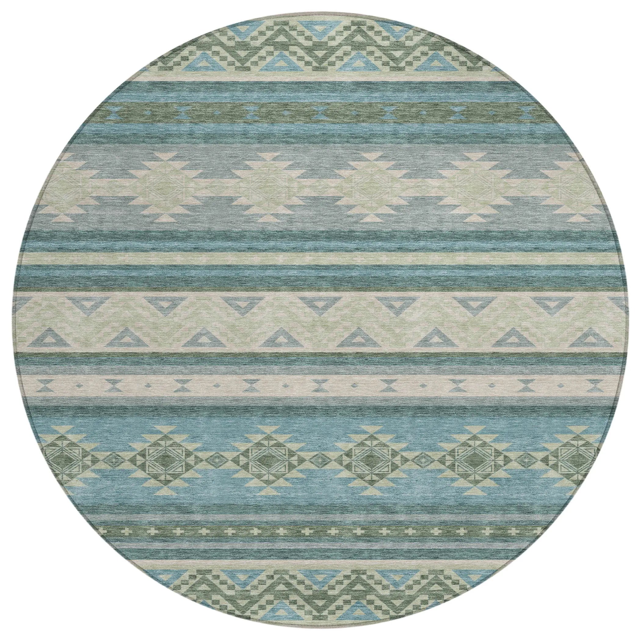 8' Teal Blue And Beige Round Southwestern Washable Indoor Outdoor Area Rug Homeroots Outdoor
