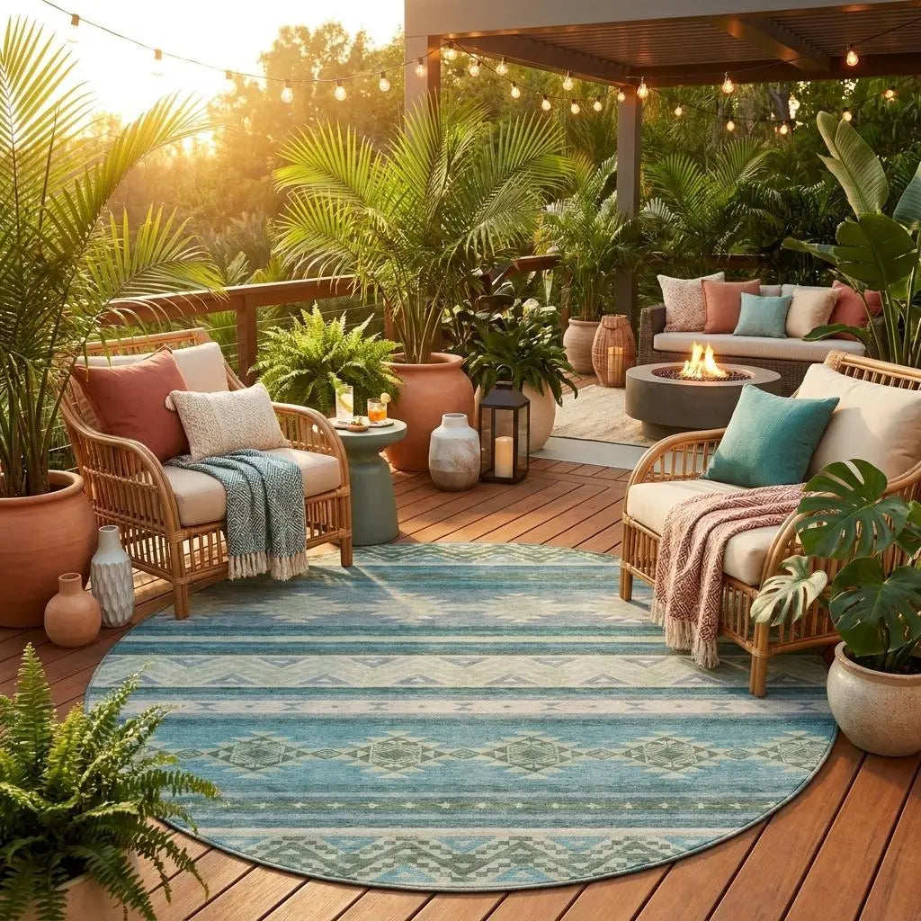 8' Teal Blue And Beige Round Southwestern Washable Indoor Outdoor Area Rug Homeroots Outdoor
