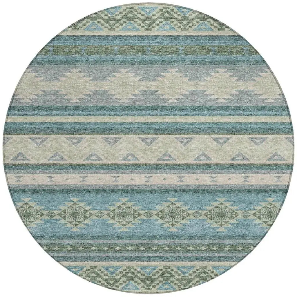 8' Teal Blue And Beige Round Southwestern Washable Indoor Outdoor Area Rug Homeroots Outdoor
