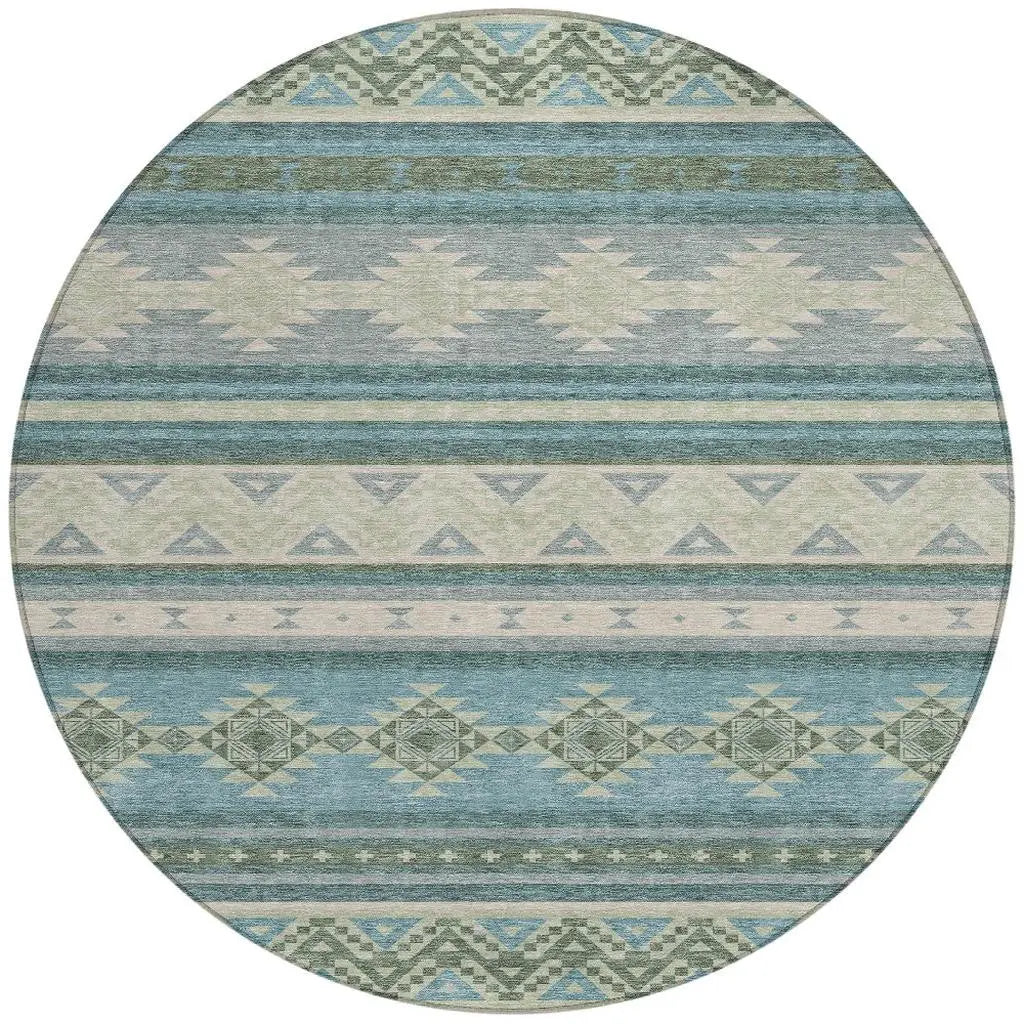 8' Teal Blue And Beige Round Southwestern Washable Indoor Outdoor Area Rug Homeroots Outdoor