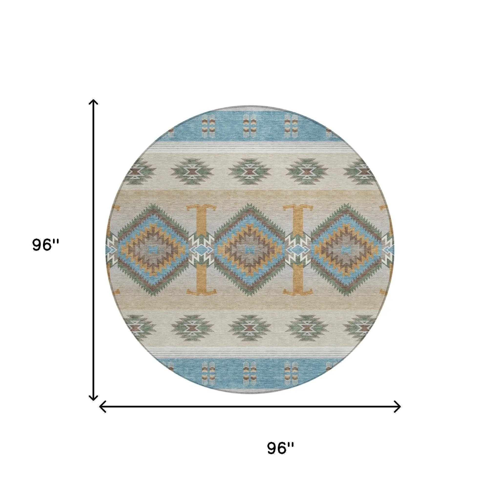 8' Teal Blue And Beige Round Southwestern Washable Indoor Outdoor Area Rug Homeroots Outdoor