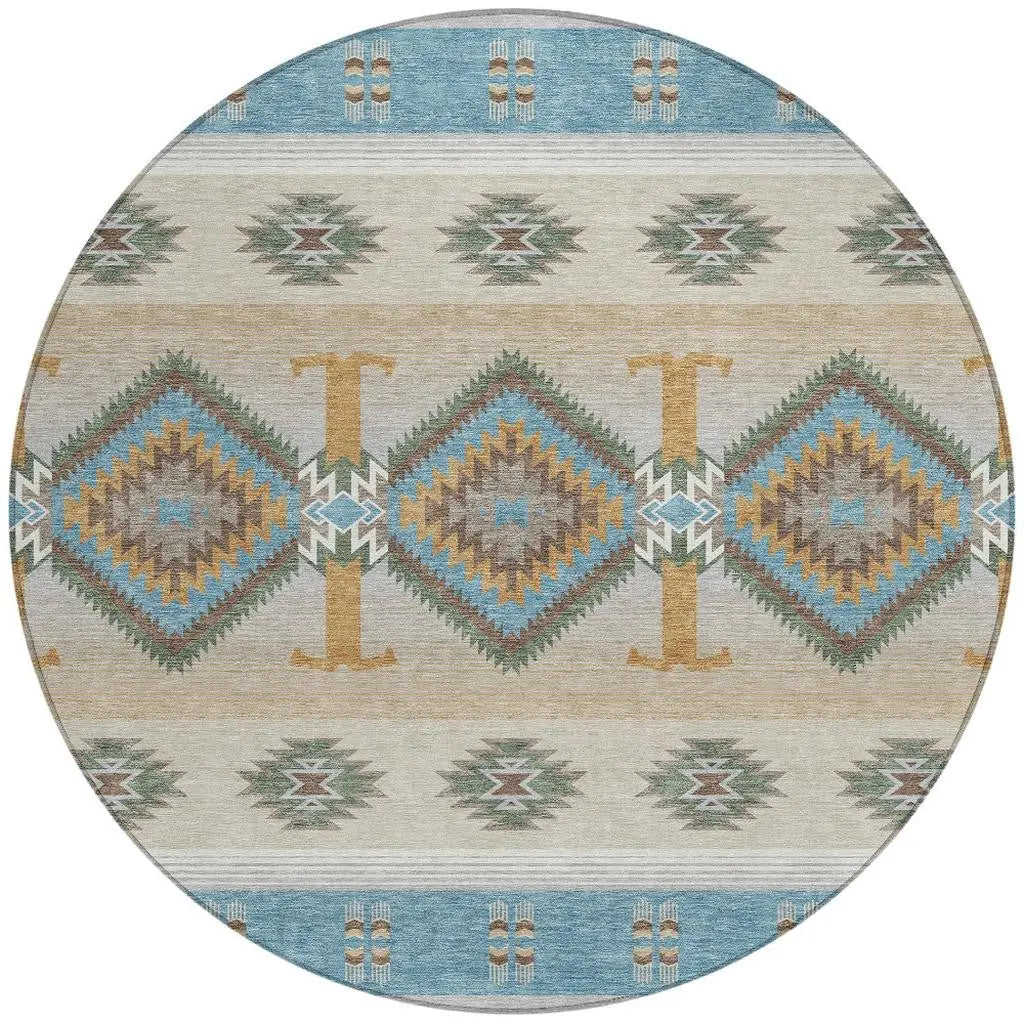 8' Teal Blue And Beige Round Southwestern Washable Indoor Outdoor Area Rug Homeroots Outdoor