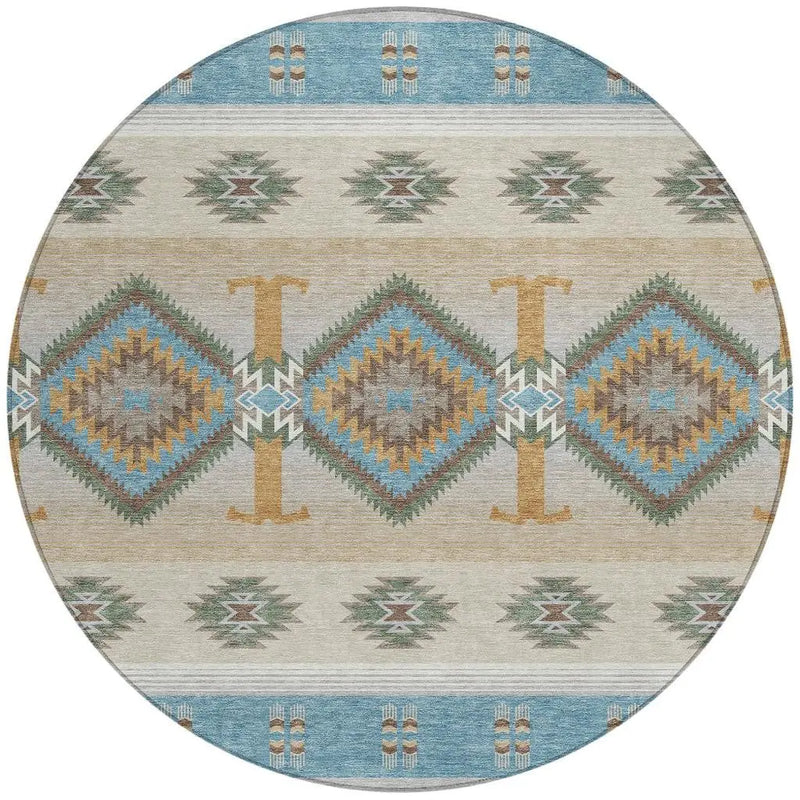 8' Teal Blue And Beige Round Southwestern Washable Indoor Outdoor Area Rug Homeroots Outdoor