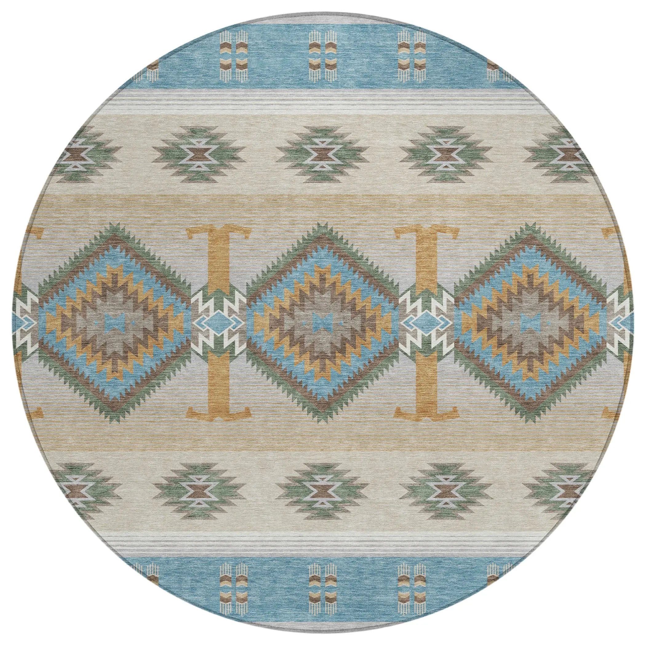 8' Teal Blue And Beige Round Southwestern Washable Indoor Outdoor Area Rug Homeroots Outdoor