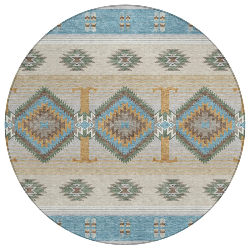 8' Teal Blue And Beige Round Southwestern Washable Indoor Outdoor Area Rug Homeroots Outdoor