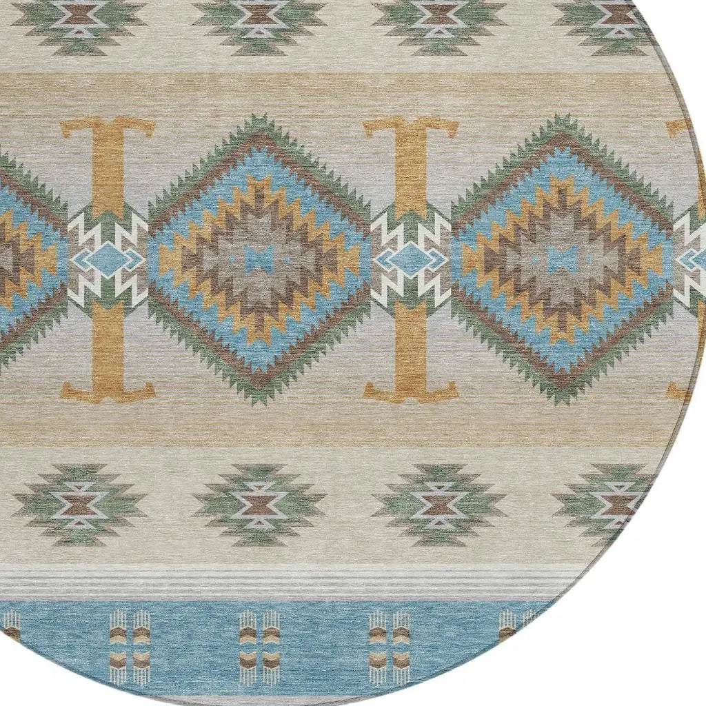 8' Teal Blue And Beige Round Southwestern Washable Indoor Outdoor Area Rug Homeroots Outdoor