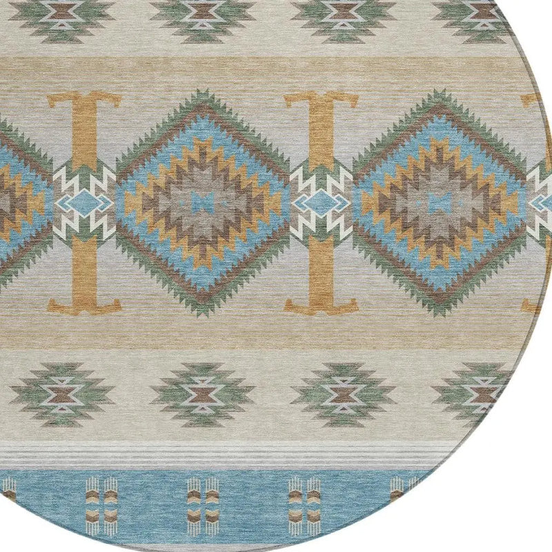 8' Teal Blue And Beige Round Southwestern Washable Indoor Outdoor Area Rug Homeroots Outdoor