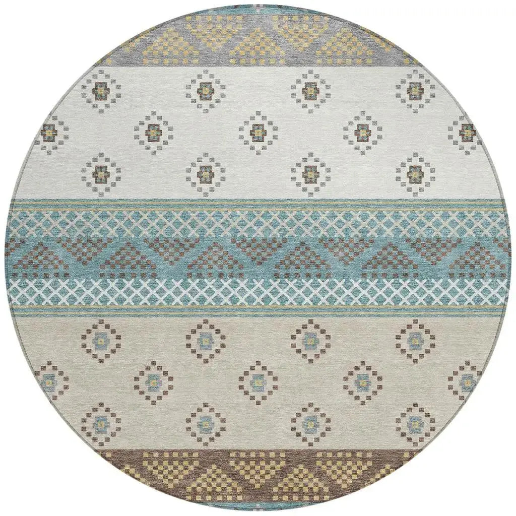8' Teal Blue And Beige Round Striped Washable Indoor Outdoor Area Rug Homeroots Outdoor