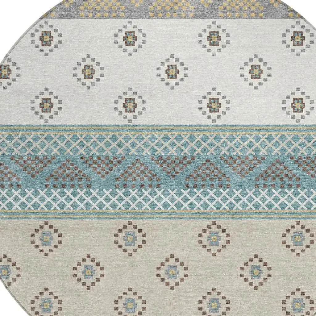 8' Teal Blue And Beige Round Striped Washable Indoor Outdoor Area Rug Homeroots Outdoor