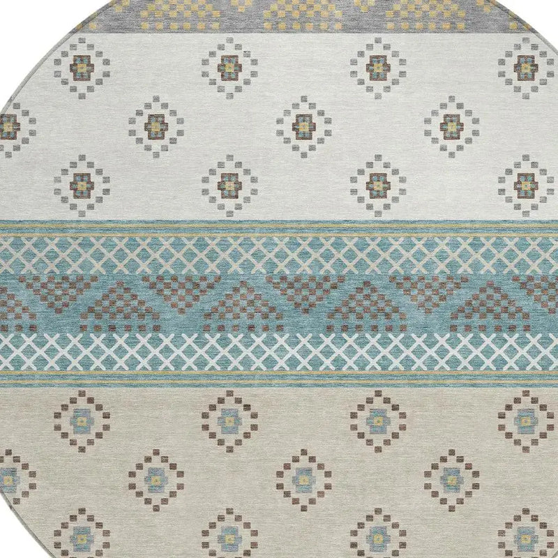 8' Teal Blue And Beige Round Striped Washable Indoor Outdoor Area Rug Homeroots Outdoor
