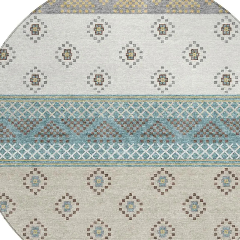 8' Teal Blue And Beige Round Striped Washable Indoor Outdoor Area Rug Homeroots Outdoor