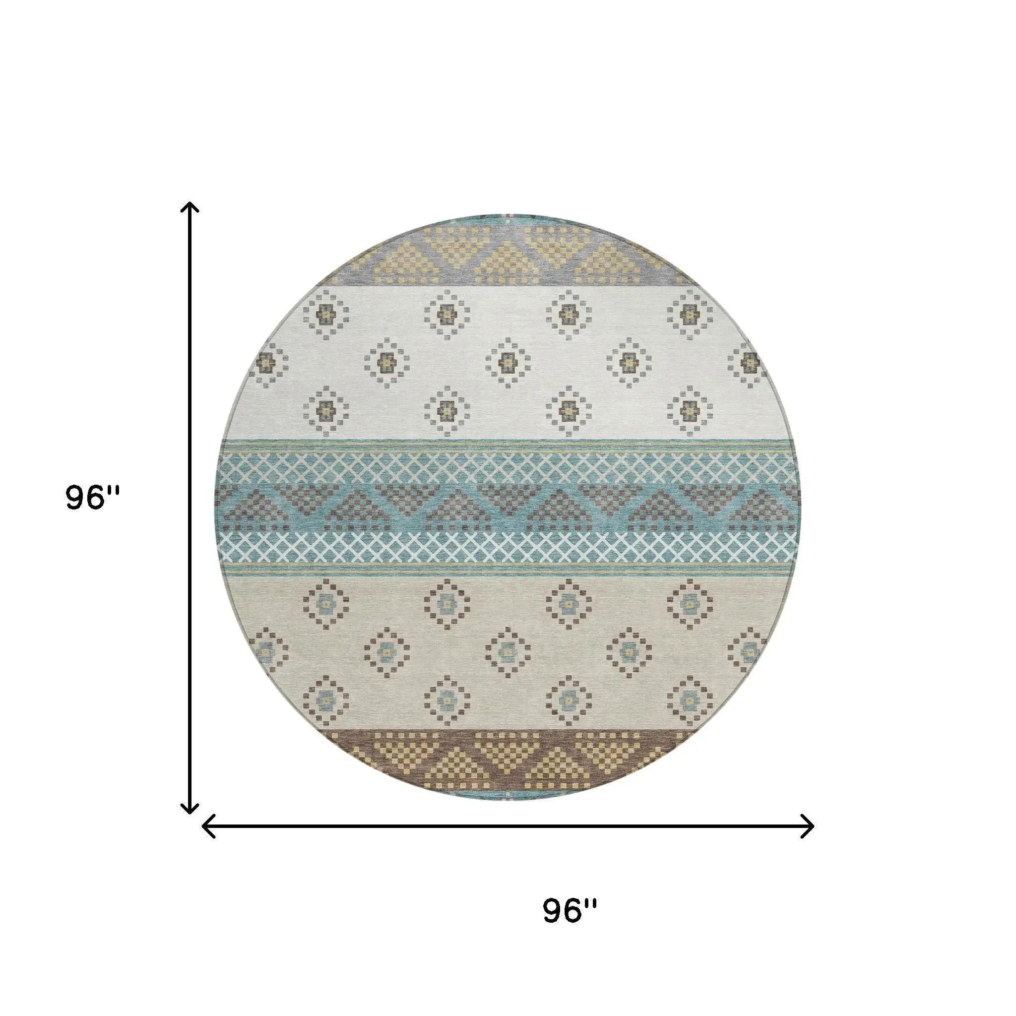 8' Teal Blue And Beige Round Striped Washable Indoor Outdoor Area Rug Homeroots Outdoor