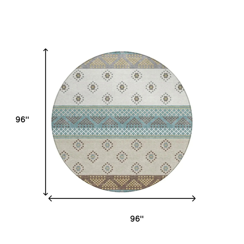 8' Teal Blue And Beige Round Striped Washable Indoor Outdoor Area Rug Homeroots Outdoor