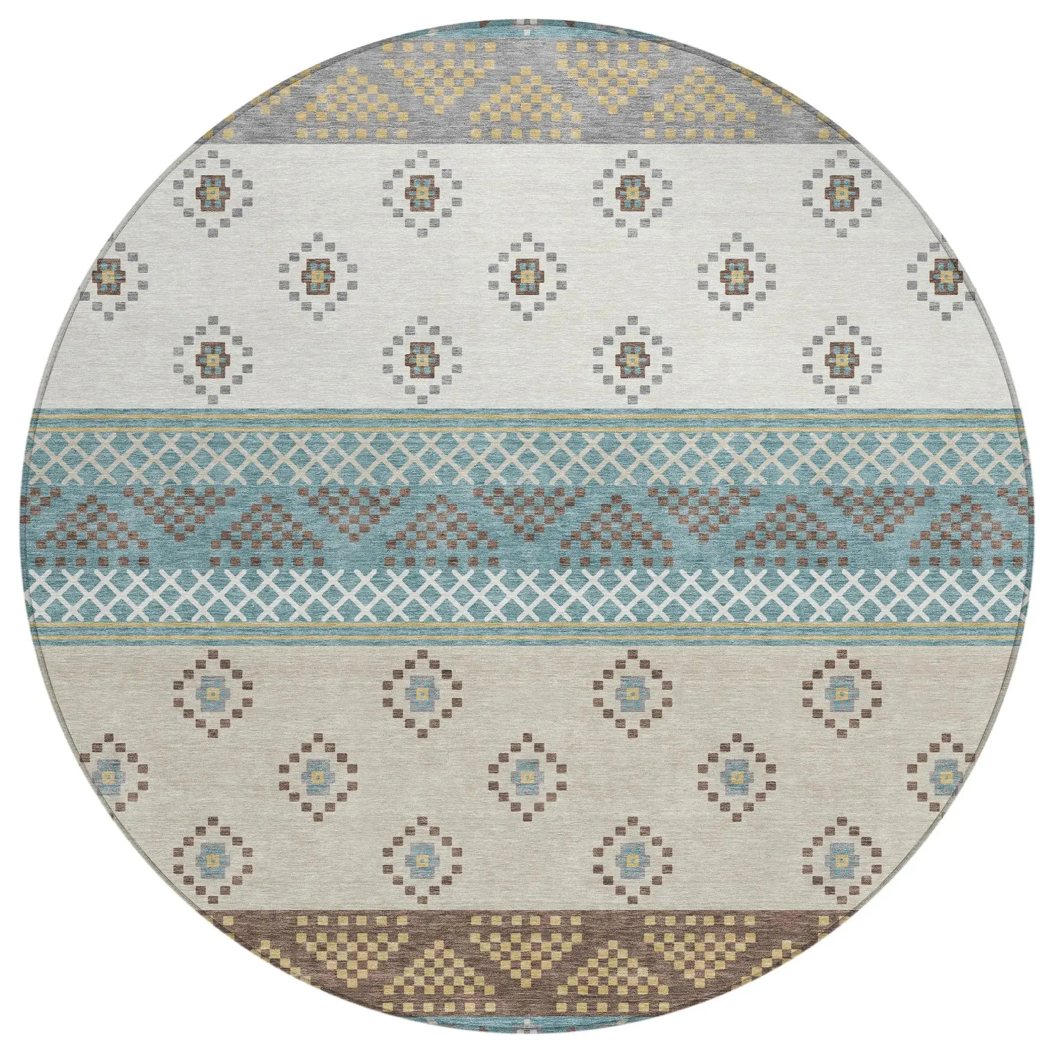 8' Teal Blue And Beige Round Striped Washable Indoor Outdoor Area Rug Homeroots Outdoor