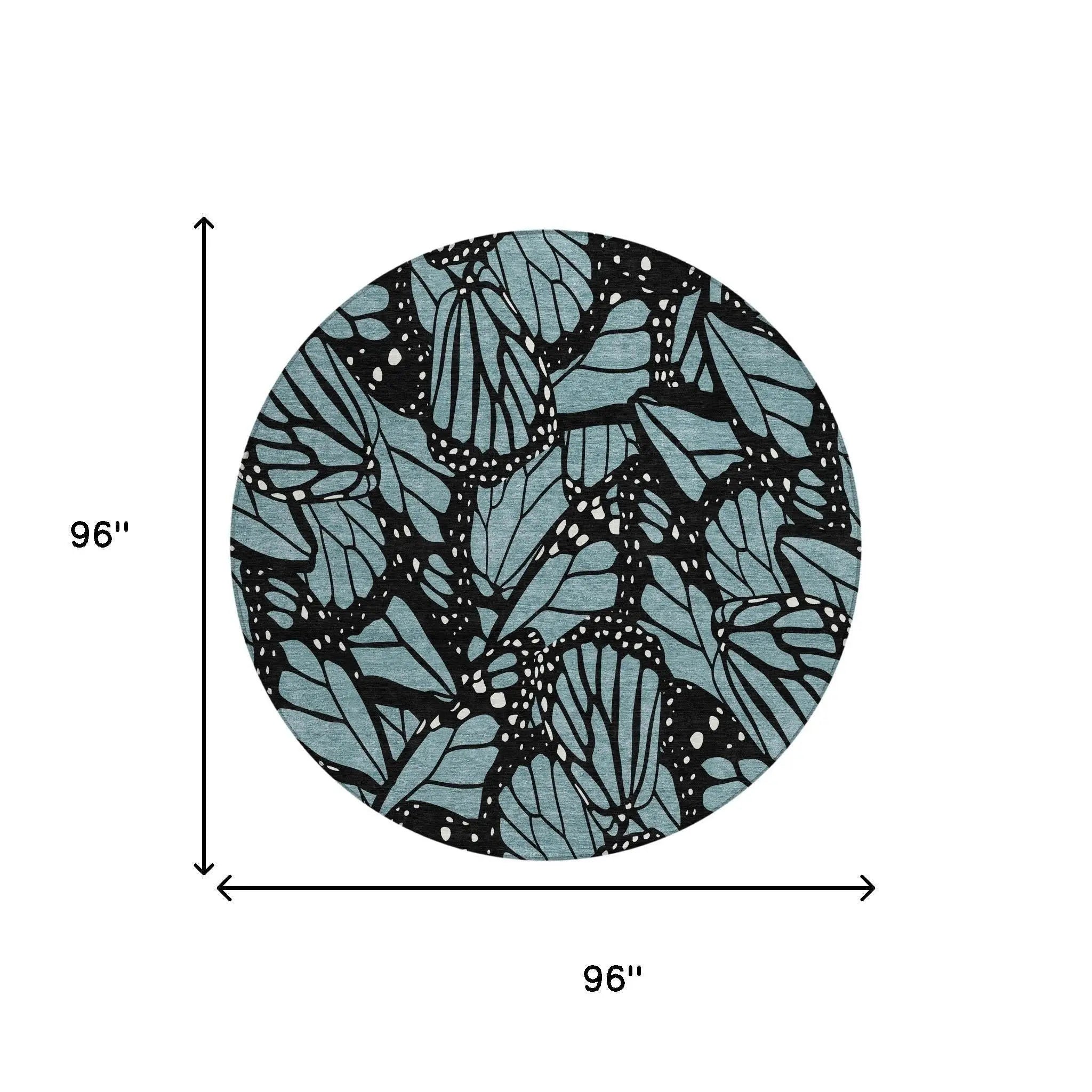 8' Teal Blue And Black Round Animal Print Washable Indoor Outdoor Area Rug Homeroots Outdoor