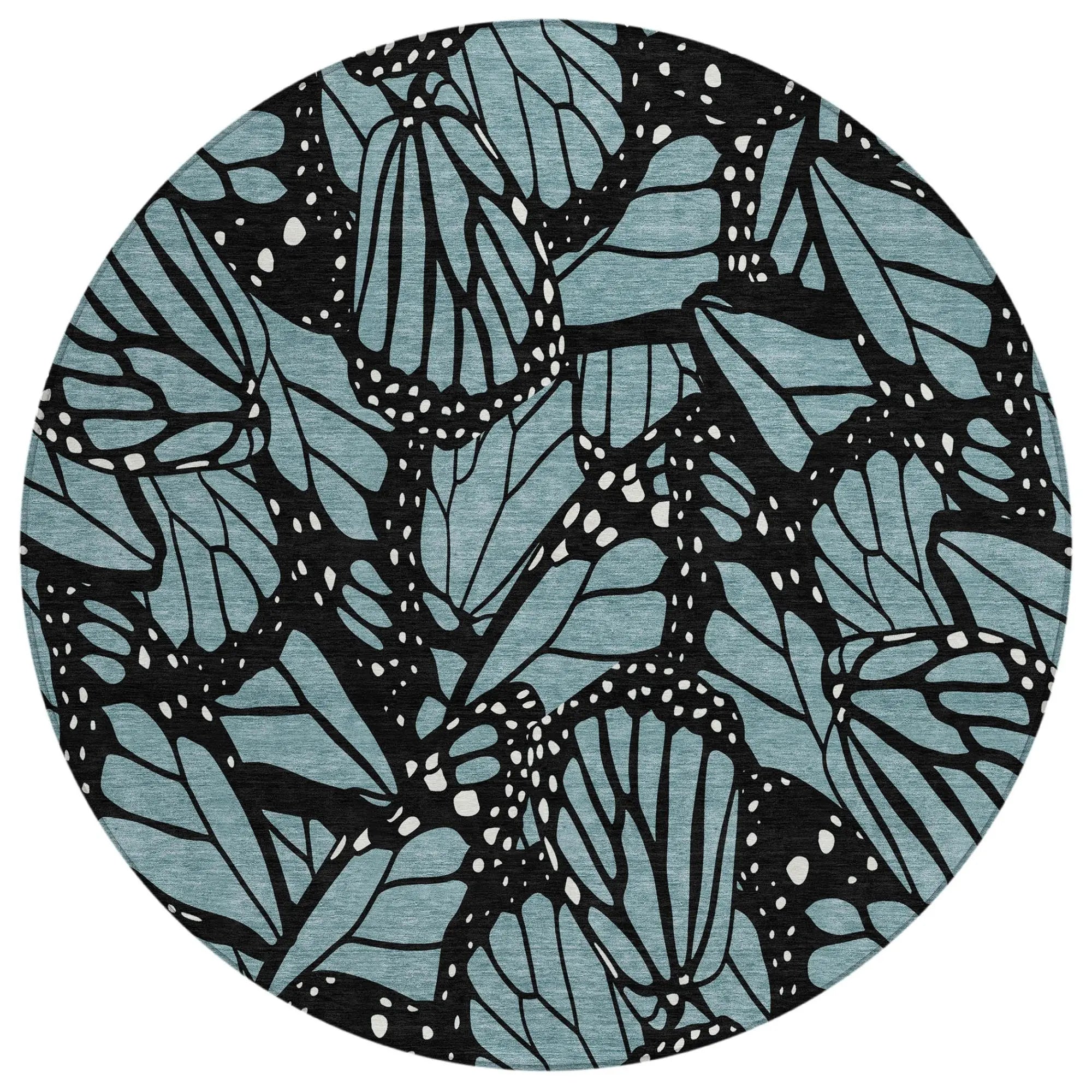 8' Teal Blue And Black Round Animal Print Washable Indoor Outdoor Area Rug Homeroots Outdoor
