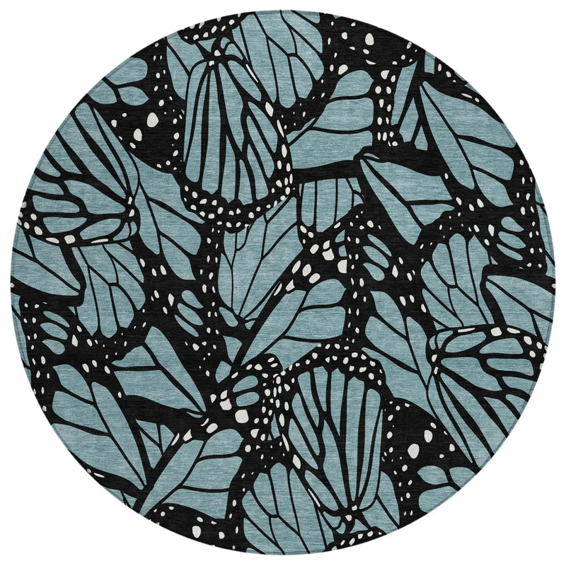 8' Teal Blue And Black Round Animal Print Washable Indoor Outdoor Area Rug Homeroots Outdoor